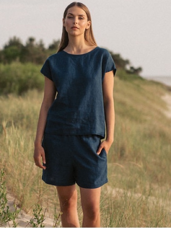 Tops - Pillows & Pajamas Audrey Linen Classic Short-Sleeve Top in Navy Blue - M